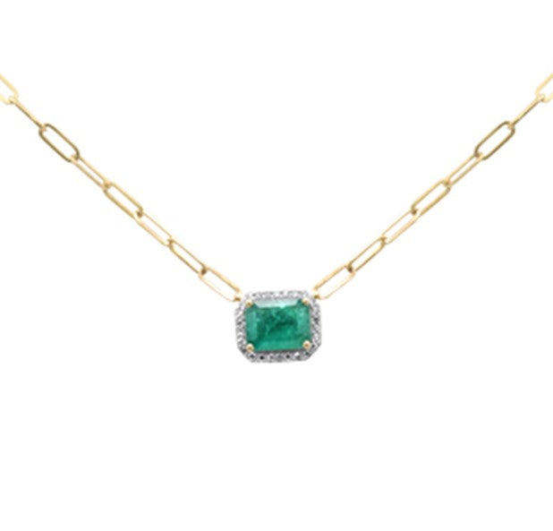SPECIAL!1.97ct G SI 14K Yellow Gold Cushion Shape Diamond & Natural Green Emerald Gemstone Paper Clip Necklace 15+2" Ext Long Chain