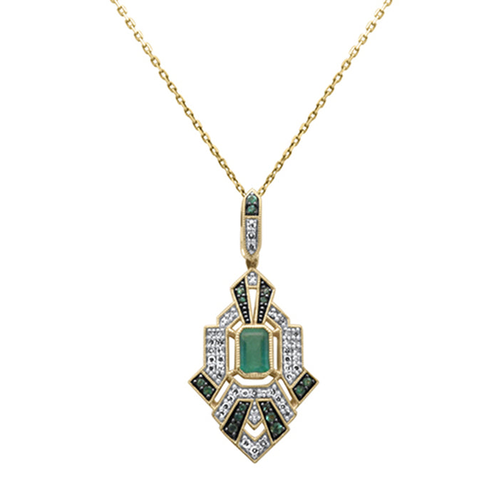 SPECIAL! .89ct G SI 14K Yellow Gold Diamond & Emerald Gemstones Geometric Pendant Necklace 18" Long Chain