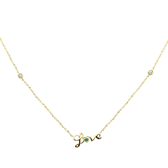 .07ct G SI 14K Yellow Gold Diamond & Emerald Gemstones "Love" Pendant Necklace 16+2" Ext Long
