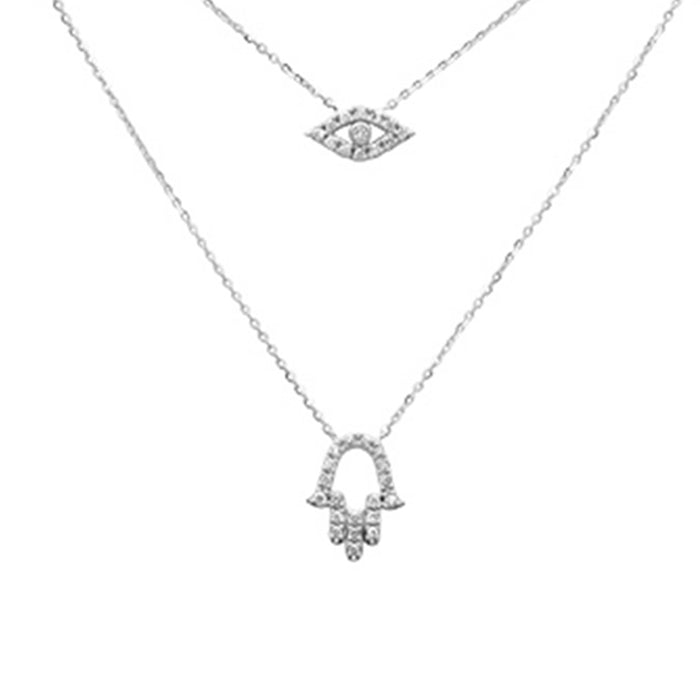 DIAMOND CLOSEOUT! .19ct G SI 14K White Gold Diamond Evil Eye & Hamsa Pendant Necklace 16+2" Ext