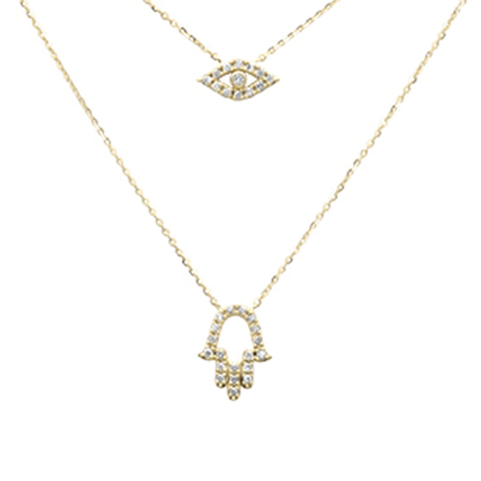 DIAMOND CLOSEOUT! .19ct G SI 14K Yellow Gold Diamond Evil Eye & Hamsa Pendant Necklace 16+2" Ext