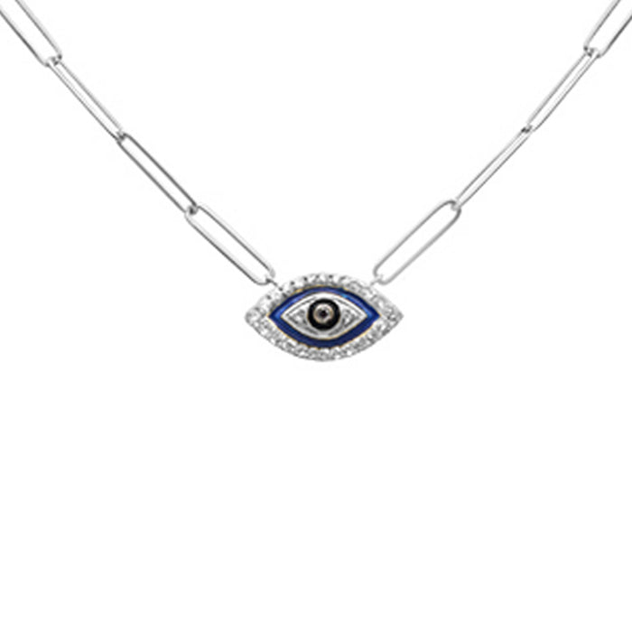 SPECIAL! .18ct G SI 14K White Gold Diamond Evil Eye Enamel Paper Clip Pendant Necklace 18" Long