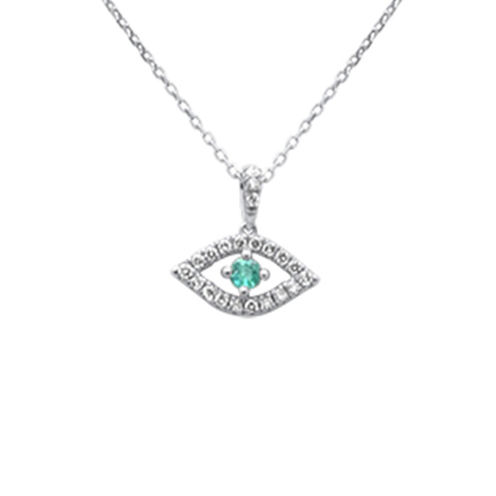 SPECIAL!.39ct G SI 14K White Gold Diamond & Emerald Gemstone Evil Eye Pendant 18" long Chain
