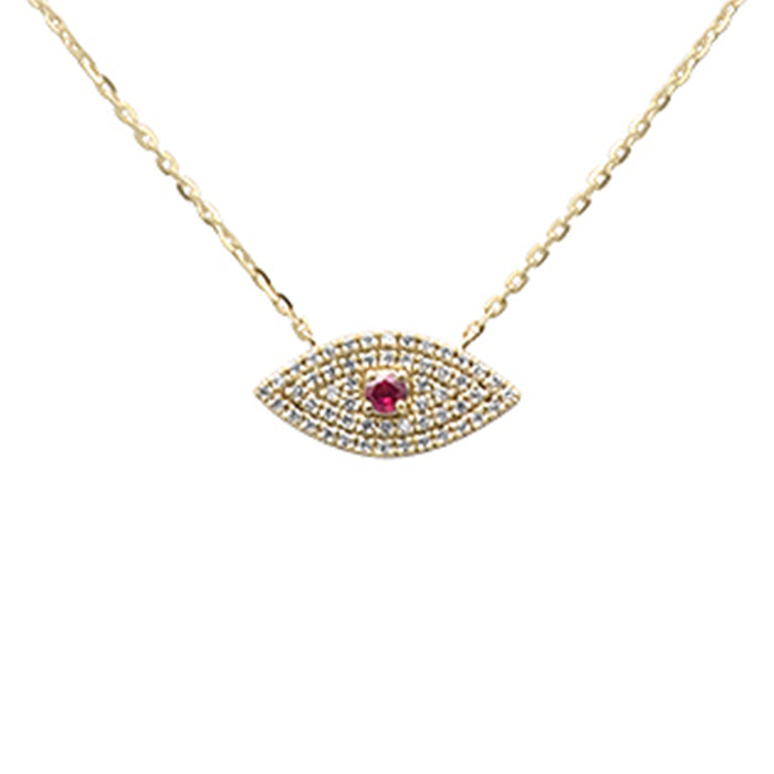 .16ct G SI 14K Yellow Gold Diamond & Ruby Gemstone Evil Eye Pendant Necklace 16+2" Ext. Long