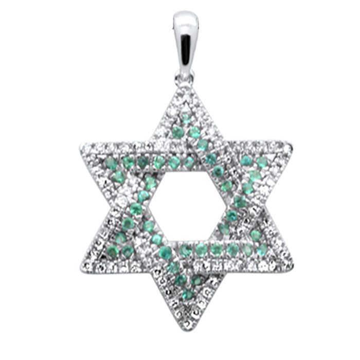 SPECIAL! .48ct G SI 14K White Gold Diamond & Emerald Gemstones Star of David Pendant No Chain