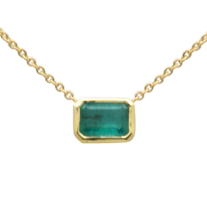 SPECIAL! .95ct G SI 14K Yellow Gold Emerald Gemstone Bezel Set Pendant Necklace 18" Long Chain