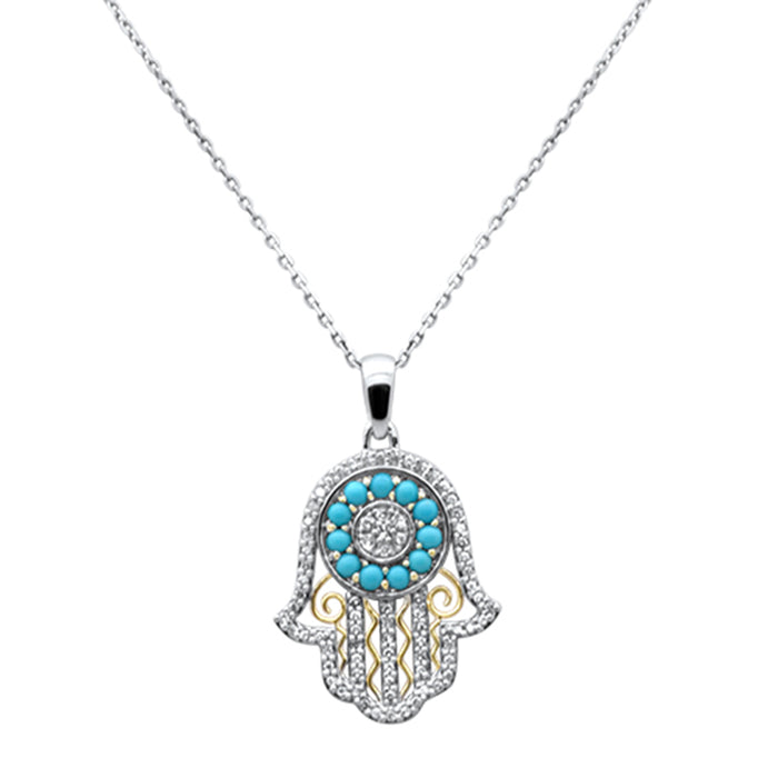 SPECIAL!.95ct G SI 14K Two Tone Gold Diamond & Turquoise Hamza Pendant Necklace 18" Long Chain