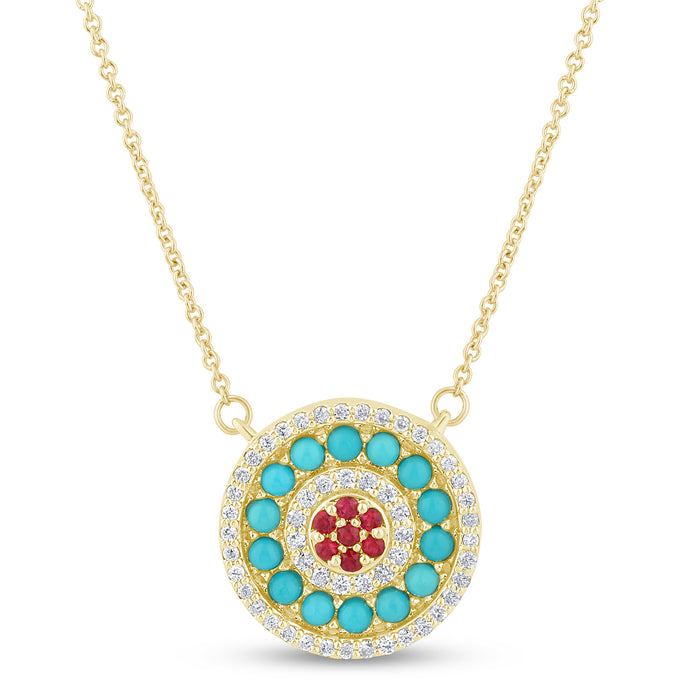 SPECIAL!.84ct G SI 14K Yellow Gold Halo Diamond, Ruby & Turquoise Pendant Necklace 18" Long Chain