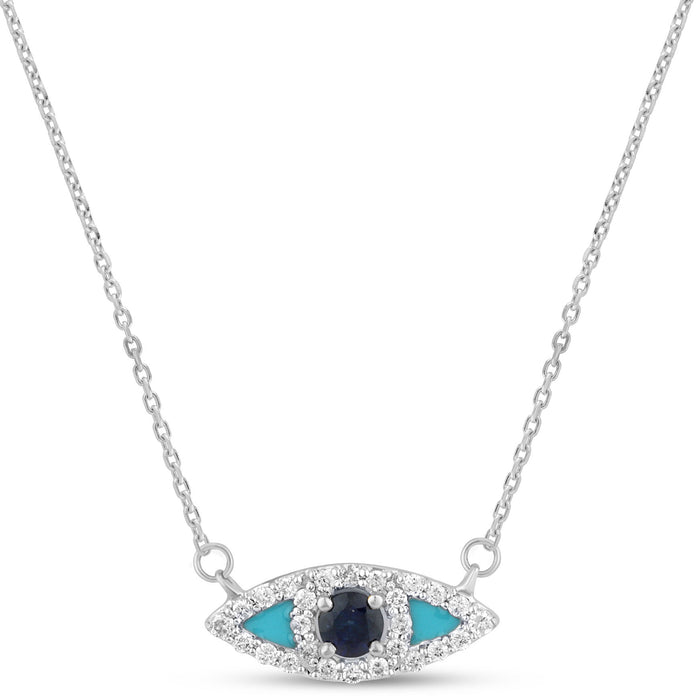SPECIAL! .29ct G SI 14K White Gold Diamond & Blue Sapphire Gemstone Evil Eye Pendant Necklace 18" Long Chain
