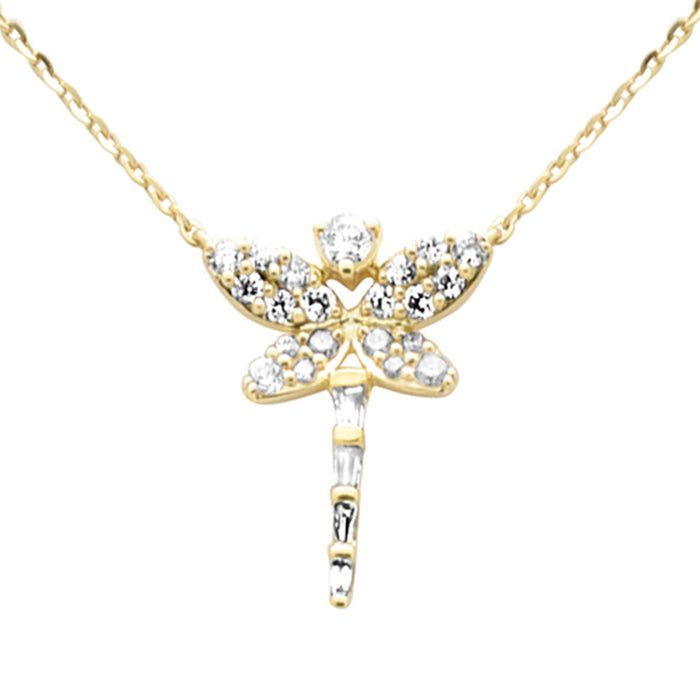 SPECIAL!.23ct G SI 14K Yellow Gold Diamond Round & Baguette Dragonfly Pendant Necklace 16+2" Ext