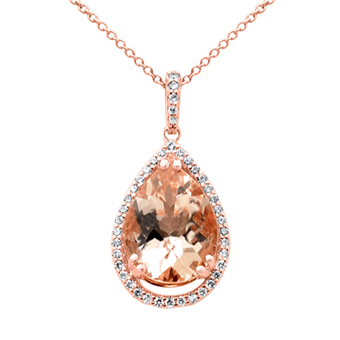 SPECIAL! 3.63ct G SI 14K Rose Gold Diamond & Pear Shape Morganite Gemstone Pendant Necklace 16" Long Chain
