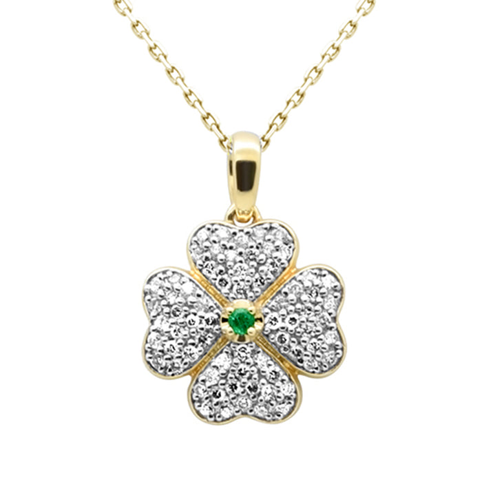 SPECIAL!.49ct G SI 14K Yellow Gold Diamond & Emerald Gemstone Clover Pendant 18" Chain