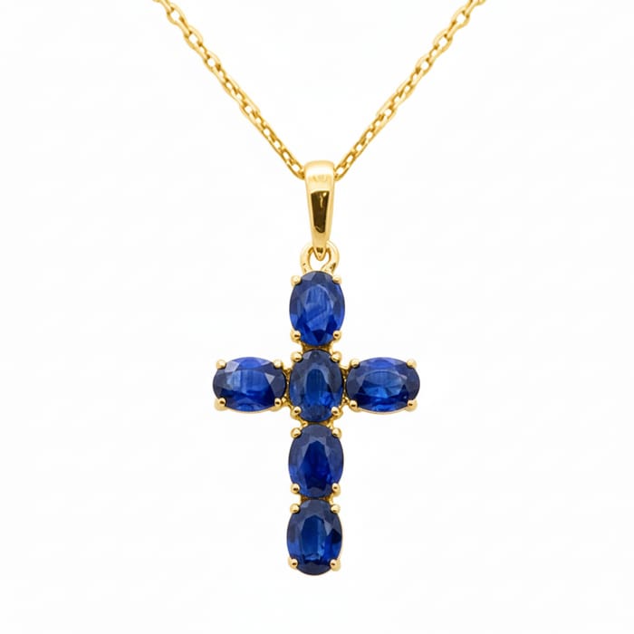 SPECIAL! 1.34ct G SI 14K Yellow Gold Blue Sapphire Gemstone Cross Pendant Necklace 18" Chain