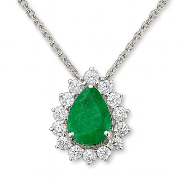 SPECIAL! .84ct G SI 14K White Gold Diamond & Pear Shape Emerald Gemstone Pendant Necklace 18" Chain