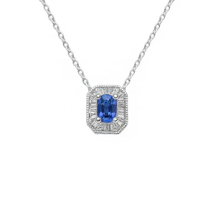 SPECIAL!.58ct G SI 14K White Gold Baguette Diamond & Blue Sapphire Gemstone Pendant Necklace 18" Long