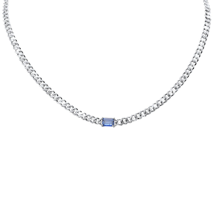 SPECIAL! 2.07ct G SI 14K White Gold Blue Sapphire Gemstone & Diamond Cuban Necklace 15+3" Long