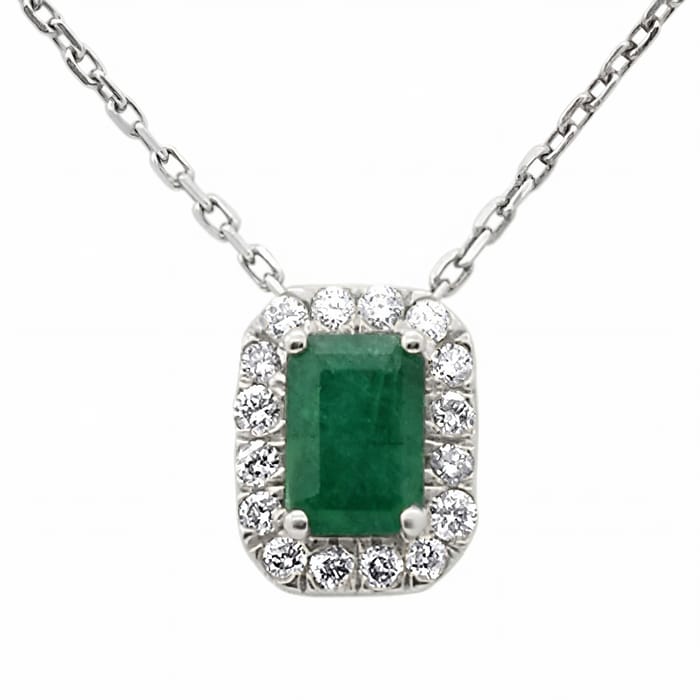 SPECIAL! .68ct G SI 14K White Gold Emerald Gemstone & Diamond Halo Pendant 18" Long