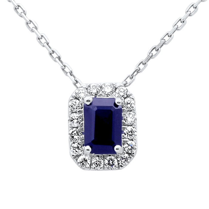 SPECIAL! .97ct G SI 14K White Gold Blue Sapphire Gemstone & Diamond Halo Pendant 18" Long