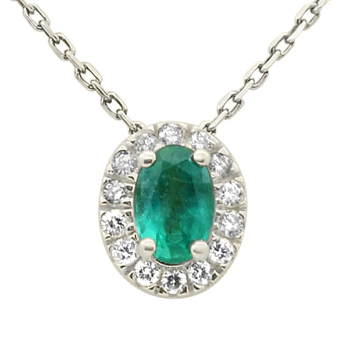 SPECIAL! .57ct G SI 14K White Gold Oval Emerald Gemstone & Diamond Halo Pendant 18" Long
