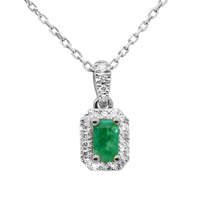SPECIAL! .39ct G SI 14K White Gold Diamond & Emerald Gemstone Halo Pendant 18" Long