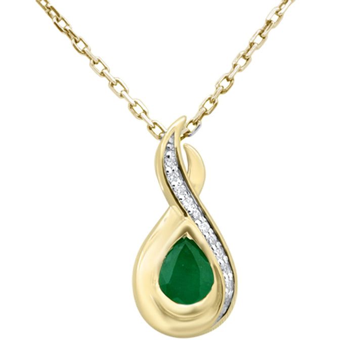 SPECIAL! .30ct G SI 14K Yellow Gold Diamond & Emerald Gemstone Teardrop Pendant 18" Long