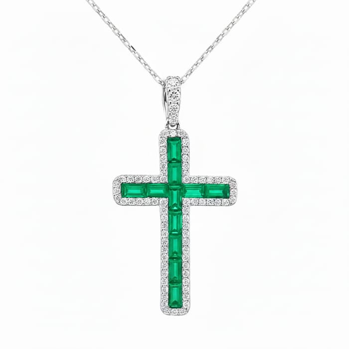 SPECIAL! 1.23ct G SI 14K White Gold Diamond & Emerald Gemstone Cross Pendant 18" Long