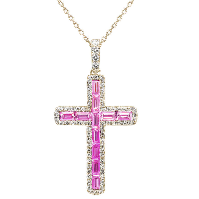 SPECIAL! 1.42ct G SI 14K Yellow Gold Diamond & Pink Sapphire Gemstone Cross Pendant 18" Long