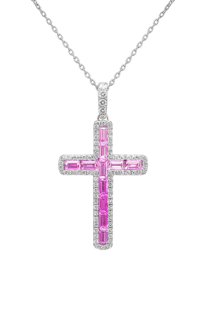 SPECIAL! 1.46ct G SI 14K White Gold Diamond & Pink Sapphire Gemstone Cross Pendant 18" Long