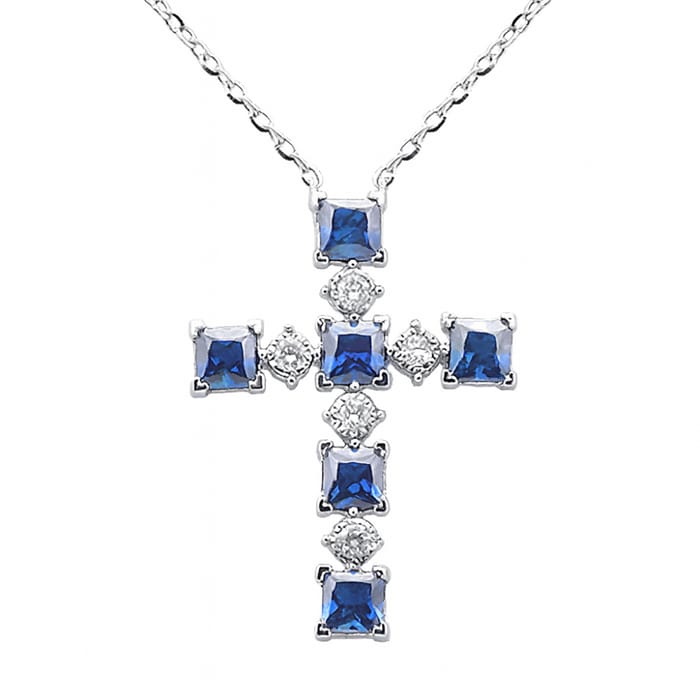 SPECIAL! .88ct G SI 14K White Gold Diamond & Blue Sapphire Gemstone Cross Pendant 18" Long