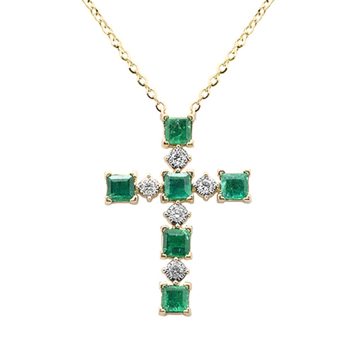 SPECIAL! .77ct G SI 14K Yellow Gold Diamond & Emerald Gemstone Cross Pendant 18" Long