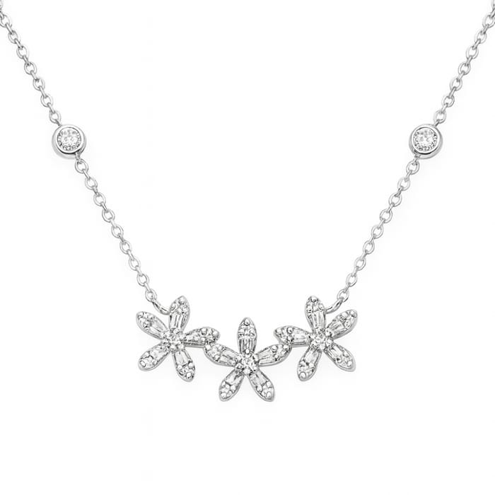 SPECIAL! .38ct G SI 14K White Gold Diamond Three Flower Diamond Pendant Necklace 18" Long