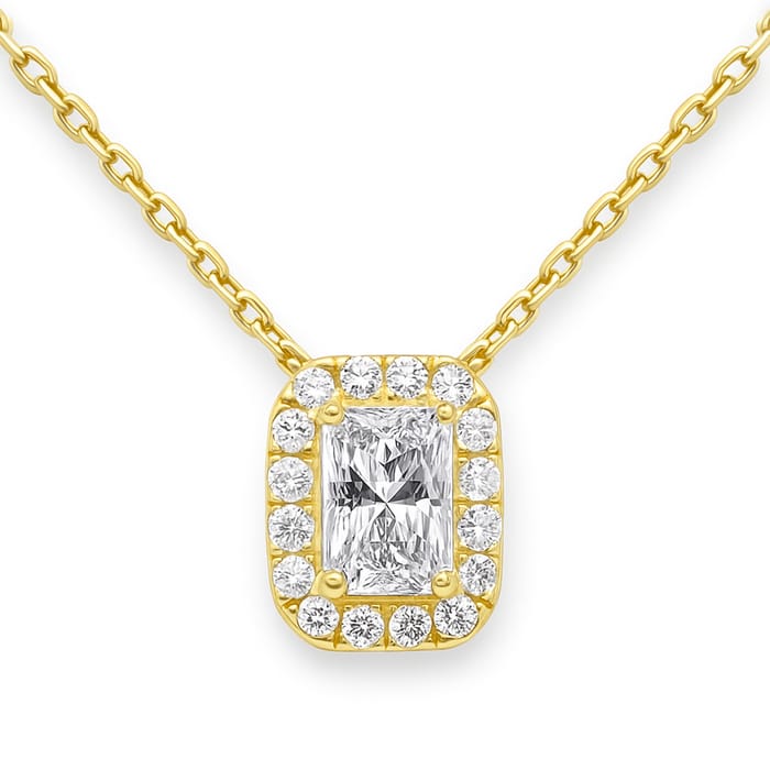 SPECIAL! .68ct G SI 14K Yellow Gold Radiant Cut Diamond Pendant Halo Necklace 18" Long Chain