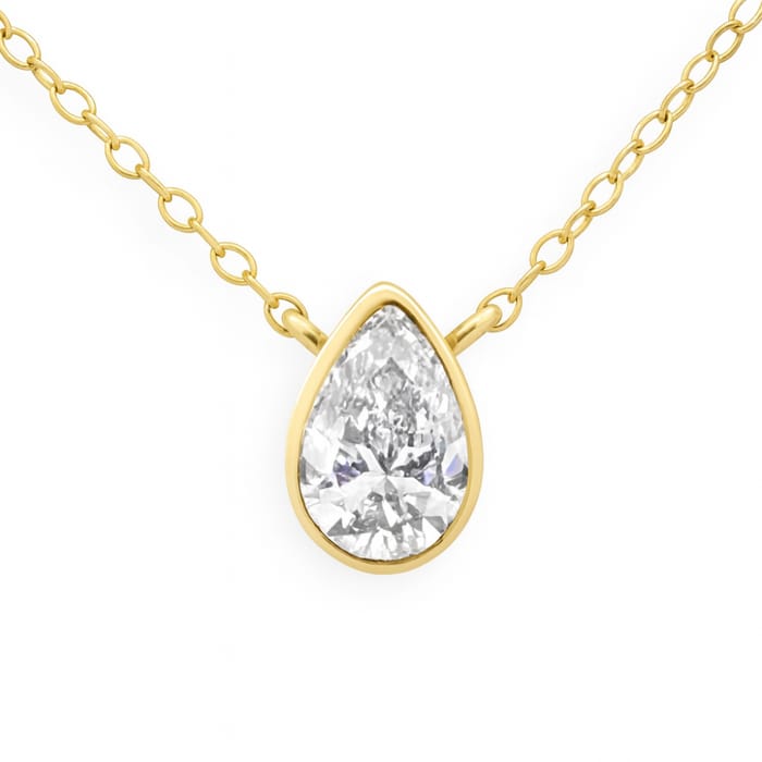 SPECIAL! .42ct G SI 14K Yellow Gold Bezel Set Pear Cut Diamond Solitaire Pendant Necklace 18" Long