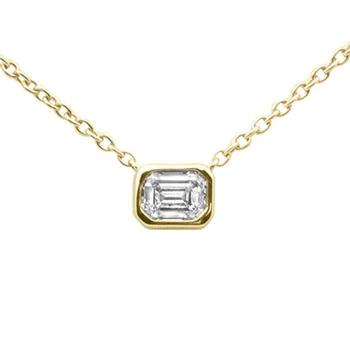.14ct G SI 14K Yellow Gold Emerald Cut Bezel Set Diamond Pendant Necklace 18" Long