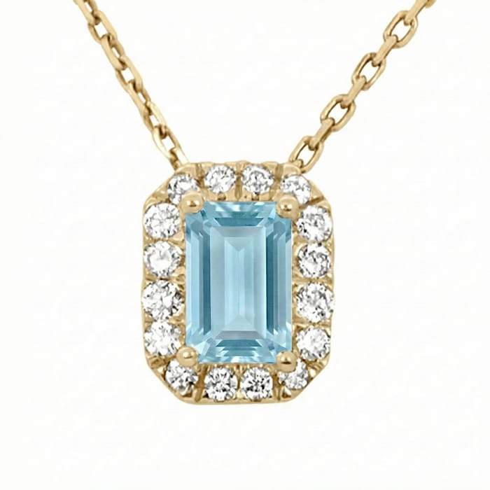 SPECIAL! .72ct G SI 14kt Yellow Gold Diamond & Aquamarine Gemstone Halo Pendant 18" long