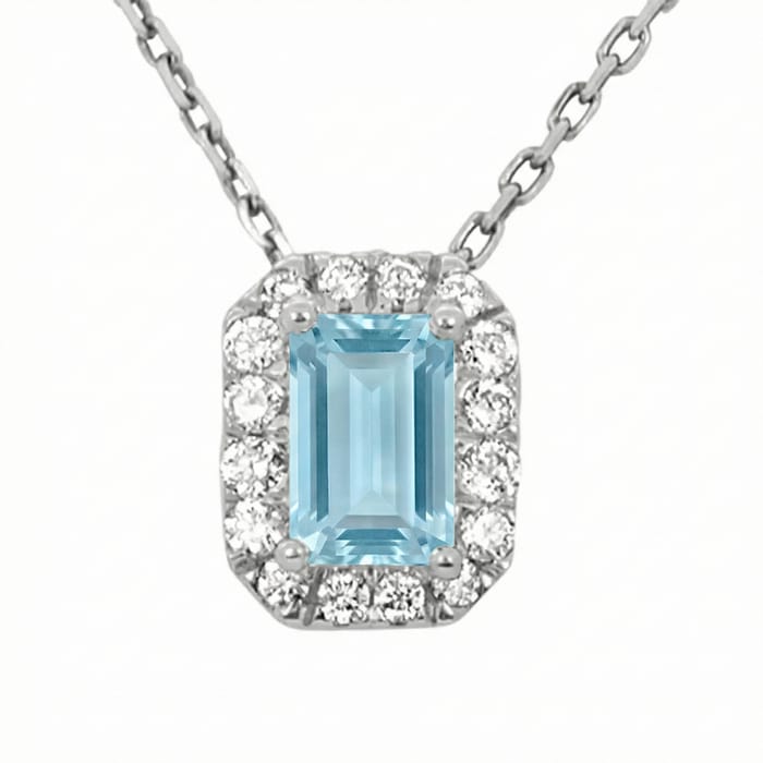 SPECIAL! .72ct G SI 14kt White Gold Diamond & Aquamarine Gemstone Halo Pendant 18"
