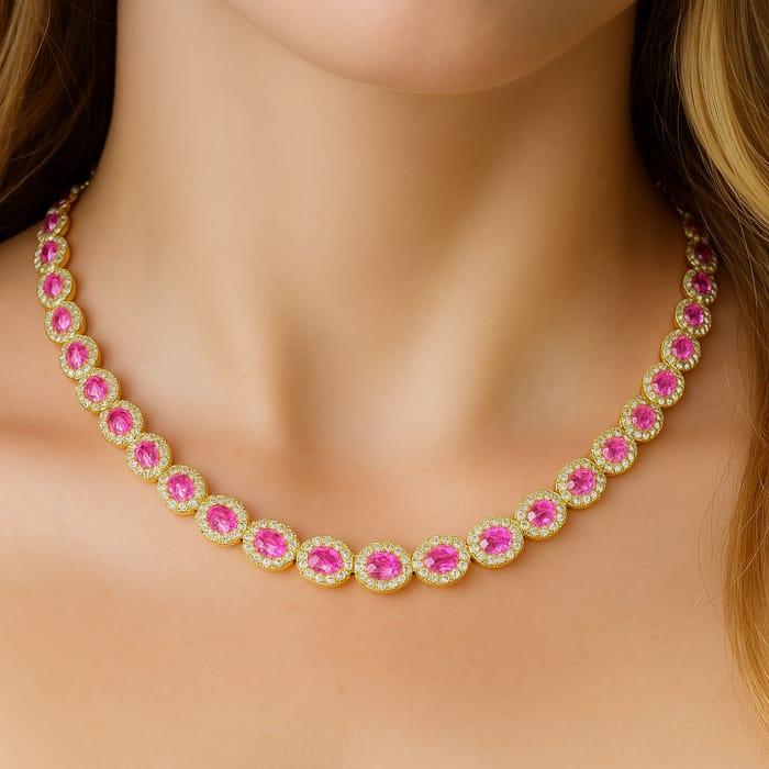 SPECIAL! 17.61ct G SI 14K Yellow Gold Diamond & Pink Sapphires Gemstone Necklace 16" long