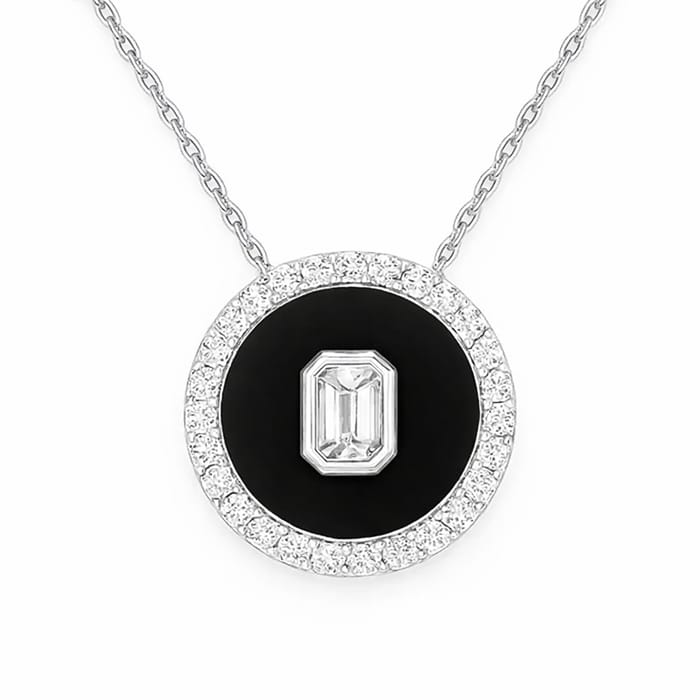 SPECIAL! .32ct G SI 14kt White Gold Modern Diamond & Onyx Pendant Necklace 18" Long