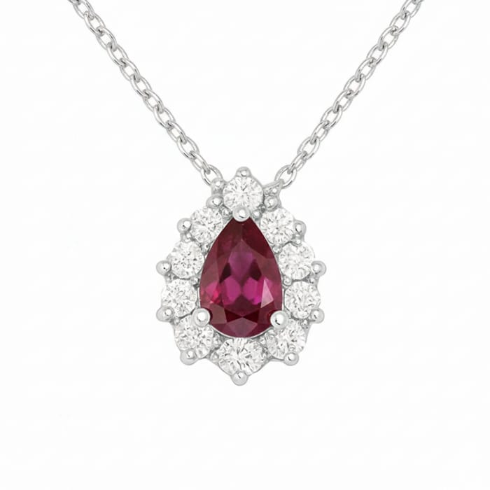 SPECIAL! .97ct G SI 14kt White Gold Diamond & Pear Shaped Ruby Pendant Necklace 18" Long