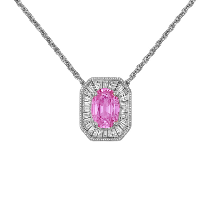 SPECIAL! .40ct G SI 14KT White Gold Baguette Diamond & Oval Shape Pink Sapphire Gemstone Pendant Necklace 16+2"