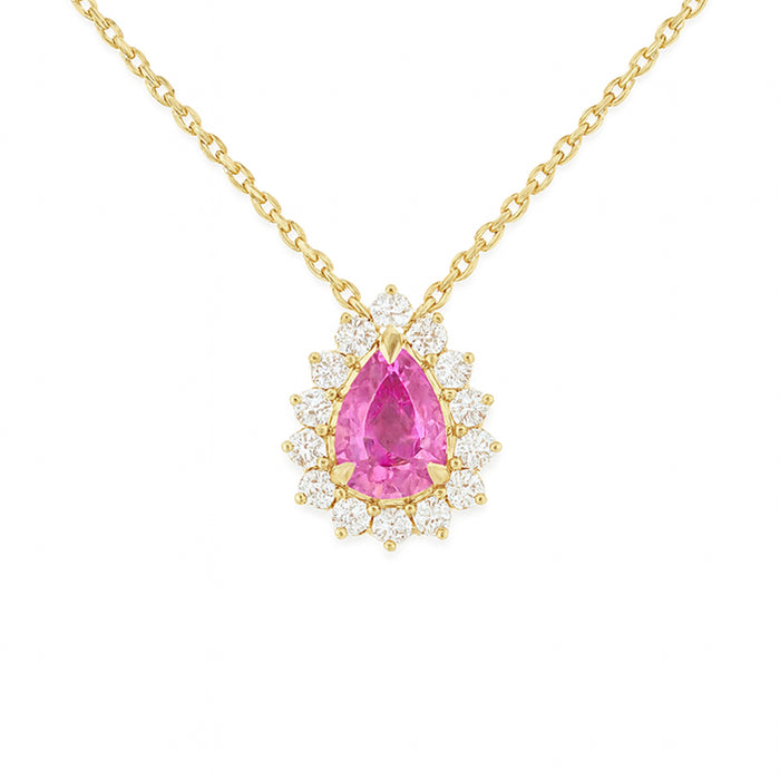 SPECIAL! .84ct G SI 14KT Yellow Gold Diamond & Pear Shape Pink Sapphire Gemstone Pendant Necklace 18" Chain