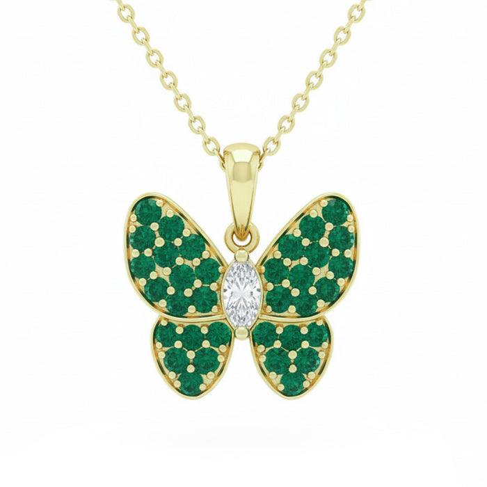 SPECIAL! 1.12ct G SI 14kt Yellow Gold Diamond & Emerald Gemstone Butterfly Pendant Necklace 18" Long
