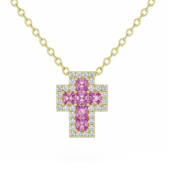 SPECIAL! .38ct G SI 14kt Yellow Gold Diamond & Pink Sapphire Gemstone Cross Pendant Necklace 18" Long