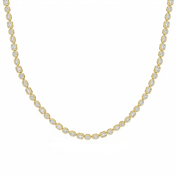 SPECIAL! 7.64ct G SI 14kt Yellow Gold Multi Shape Diamond Bezel Set Tennis Necklace 16+2" Ext Long