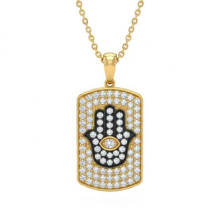 SPECIAL! .98ct G SI 14kt Yellow Gold Diamond Hamsa Pave Set Dog Tag Pendant Necklace 18" Long