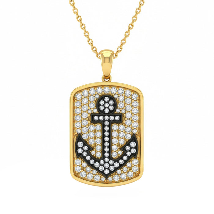 SPECIAL! .98ct G SI 14kt Yellow Gold Diamond Pave Anchor Dog Tag Pendant Necklace 18" Long