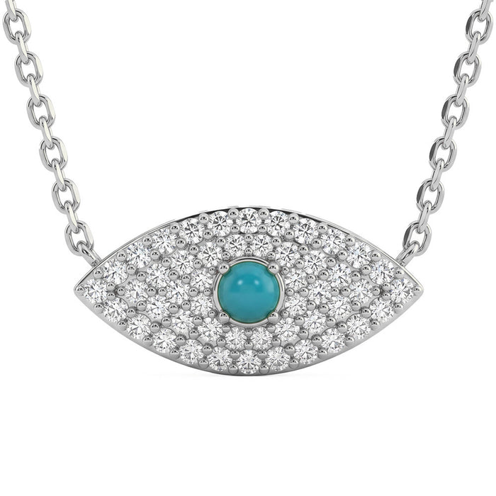 .15ct G SI 14kt White Gold Diamond & Turquoise Gemstone Evil Eye Pendant Necklace 16+2" Long