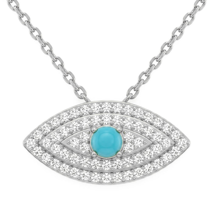 SPECIAL! .17ct G SI 14kt White Gold Diamond & Turquoise Gemstone Pendant 16+2" Long