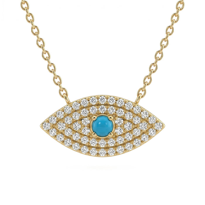 SPECIAL! .15ct G SI 14kt Yellow Gold Diamond & Turquoise Gemstone Evil Eye Pendant Necklace 16+2" Long