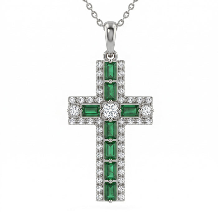 SPECIAL! .93ct G SI 14kt White Gold Emerald Gemstone Cross Pendant Necklace 16 + 2" Ext